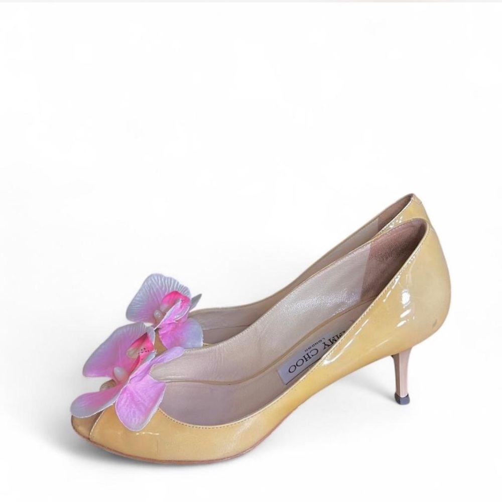 Jimmy Choo Cream Heels with Pink Orchid Flowers